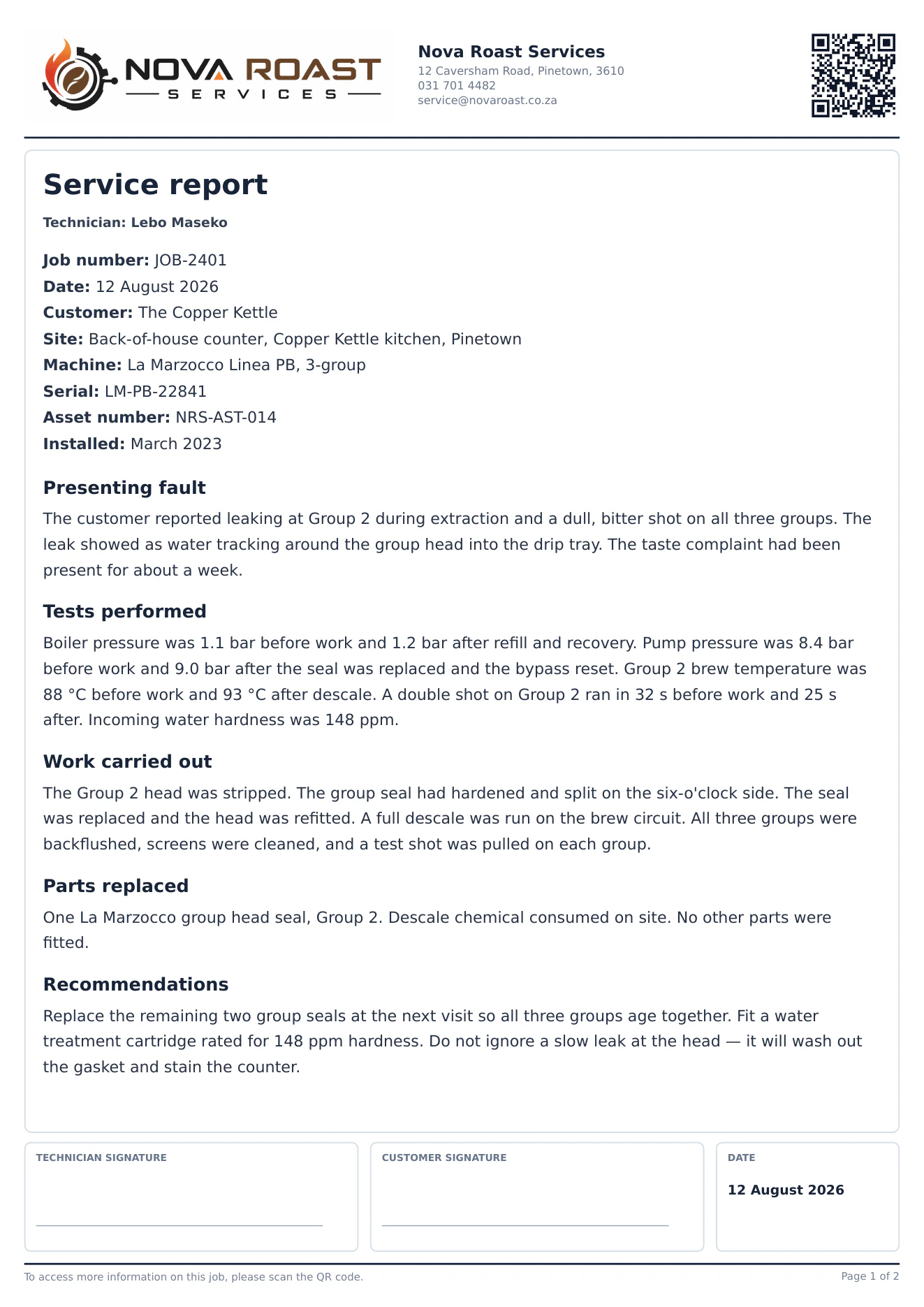 Nova Roast Services Service Report
